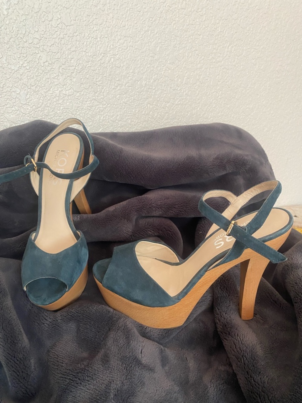 KORS Michael Kors Teal Suede Platform Heels with Wood-Look Sole